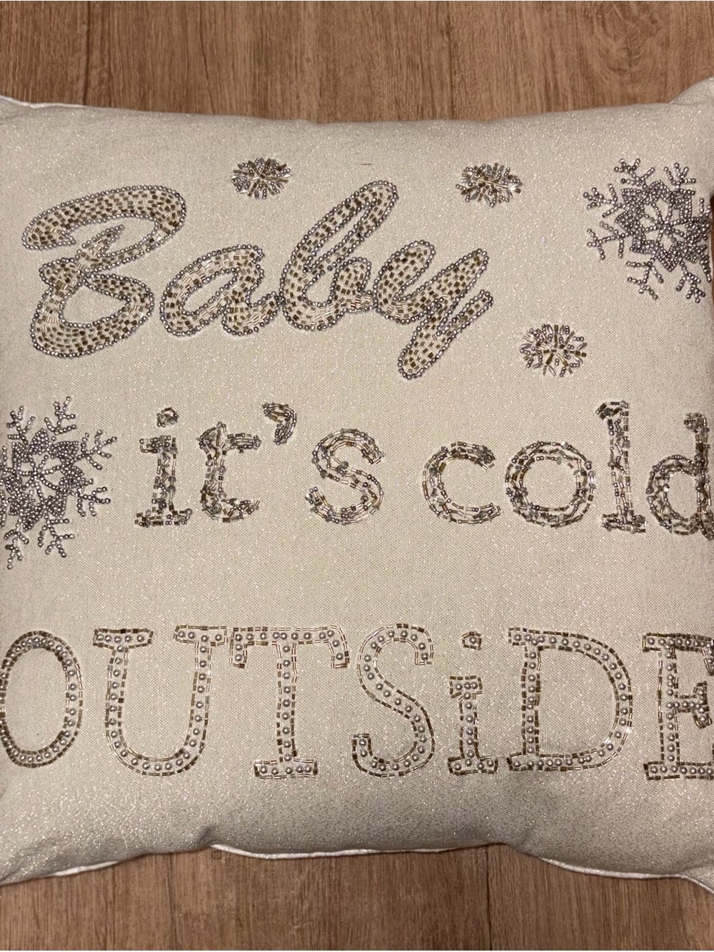 Glitter Beaded 'Baby It's Cold Outside' Decorative Pillow - Ivory